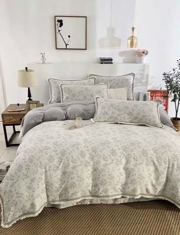 91家纺网 家纺一手货源 找家纺 鲁爱 2025新款全棉三层纱流苏款四件套 唯爱-灰