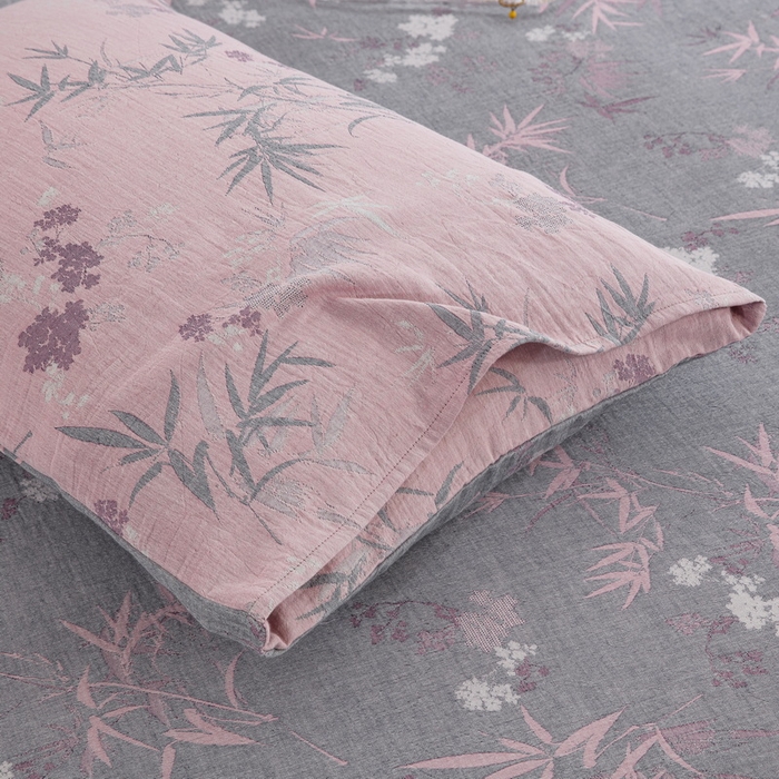 91家纺网 家纺一手货源 找家纺 鲁爱 2025新款色织提花全棉双层纱床笠（正反两用） 竹韵-粉灰（双面用床笠）