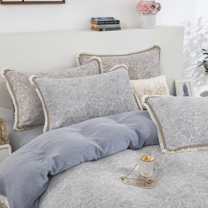 91家纺网 家纺一手货源 找家纺 鲁爱 2025新款全棉三层纱流苏款四件套 知心-蓝