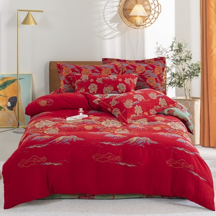 鲁爱 2025新款大版色织提花全棉双层纱四件套 游园清梦-红