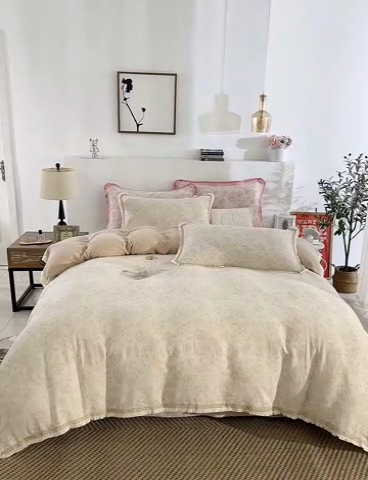 91家纺网 家纺一手货源 找家纺 鲁爱 2025新款全棉三层纱流苏款四件套 唯爱-浅咖