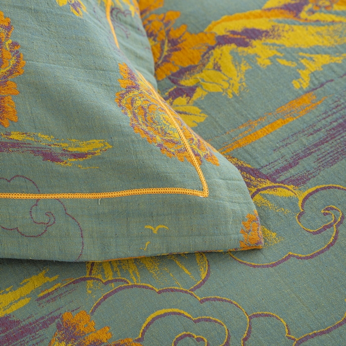 91家纺网 家纺一手货源 找家纺 鲁爱 2025新款大版色织提花全棉双层纱四件套 游园清梦-绿