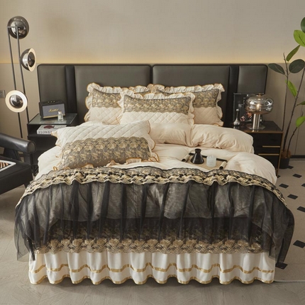 91家纺网 家纺一手货源 找家纺 （总）恋尚 2024新款水晶绒保暖夹棉蕾丝花边床裙四件套--鎏金岁月