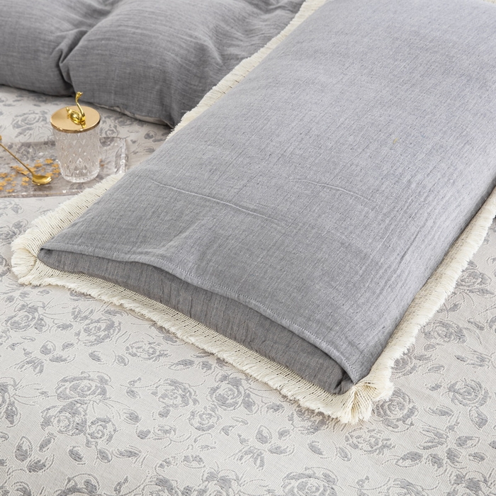 91家纺网 家纺一手货源 找家纺 鲁爱 2025新款全棉三层纱流苏款四件套 唯爱-灰