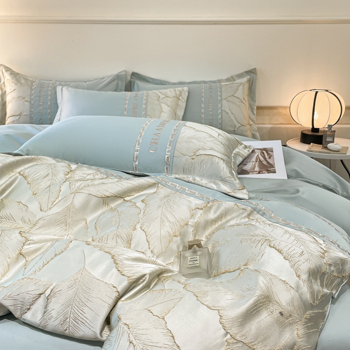 91家纺网 家纺一手货源 找家纺 2024新款拼接浮雕刺绣全棉纯棉加厚陶瓷生态磨毛四件套-茱莉叶 蓝绿