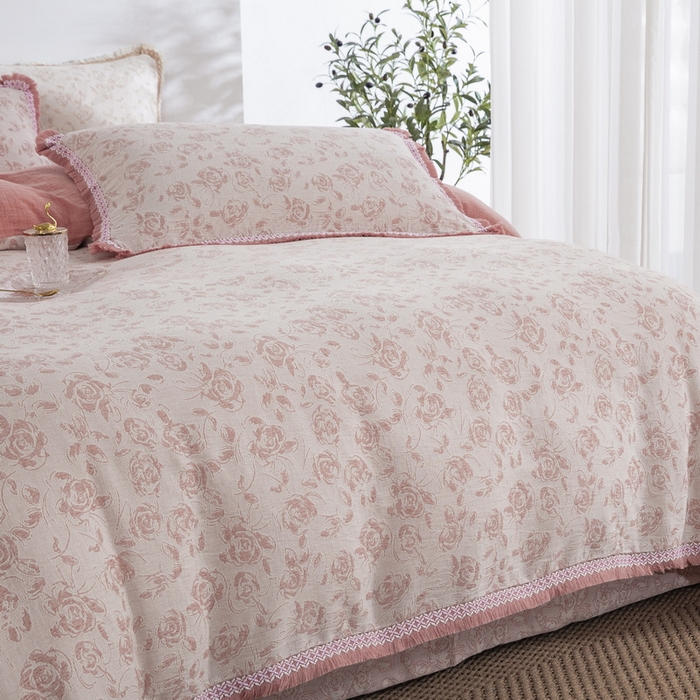 91家纺网 家纺一手货源 找家纺 鲁爱 2025新款全棉三层纱流苏款四件套 唯爱-粉