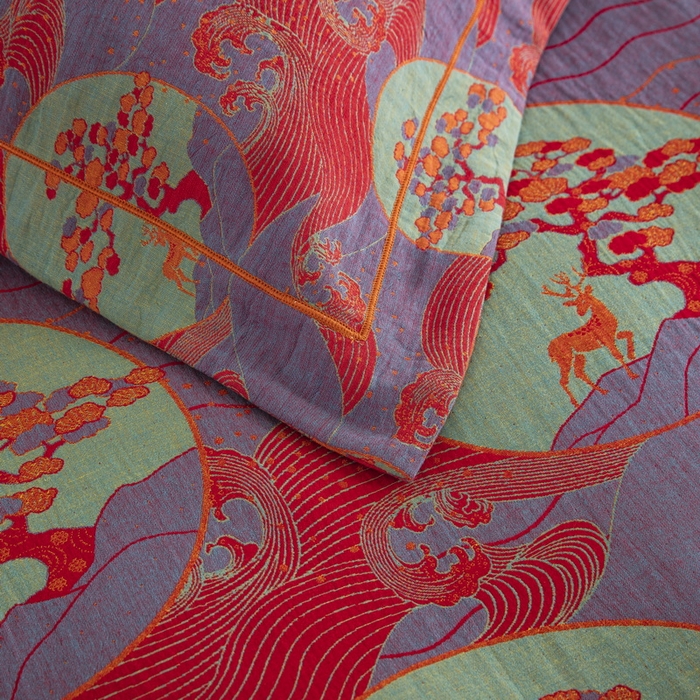 91家纺网 家纺一手货源 找家纺 鲁爱 2025新款大版色织提花全棉双层纱四件套 海上明月-紫罗兰