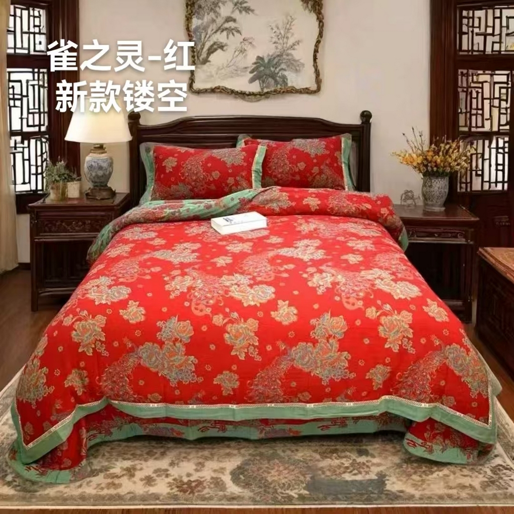 91家纺网 家纺一手货源 找家纺 鲁爱 2025新款全棉色织双层纱新款镂空四件套 雀之灵-红