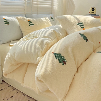 91家纺网 家纺一手货源 找家纺 静家居-简约原创家纺 2024新款加厚牛奶绒韩版绵羊绒毛巾绣四件套 快乐树-奶蓝