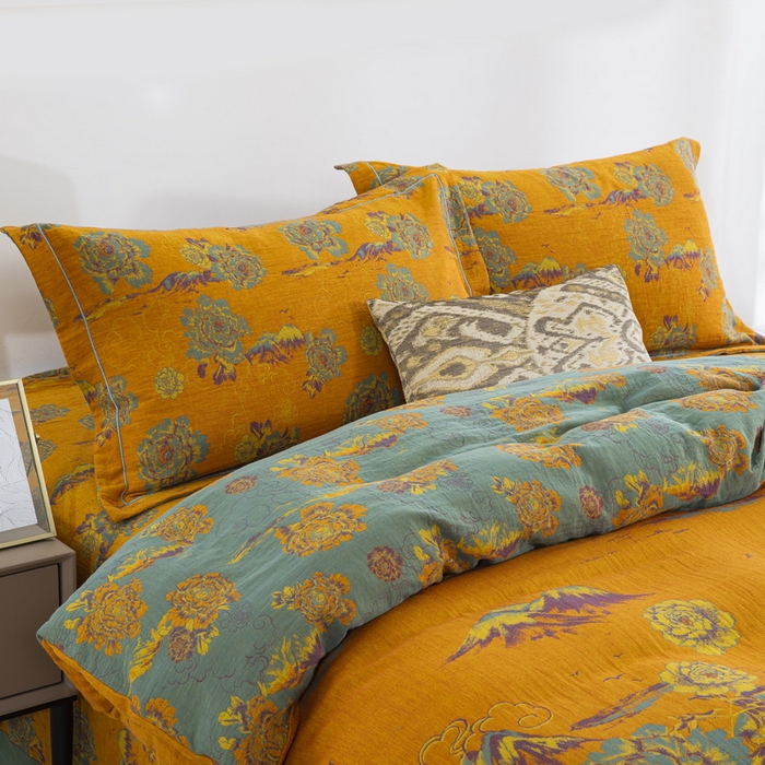 91家纺网 家纺一手货源 找家纺 鲁爱 2025新款大版色织提花全棉双层纱四件套 游园清梦-黄