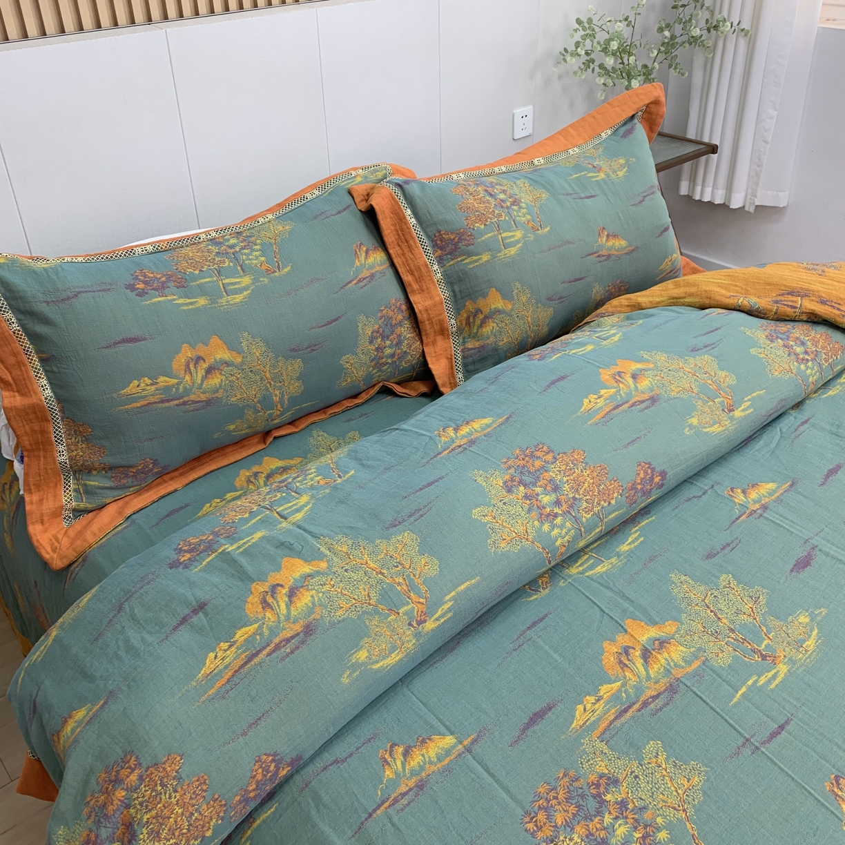 91家纺网 家纺一手货源 找家纺 鲁爱 2025新款全棉色织双层纱新款镂空四件套 彩韵-绿