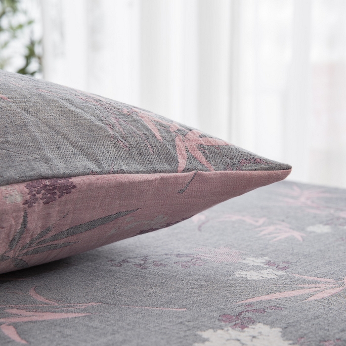 91家纺网 家纺一手货源 找家纺 鲁爱 2025新款色织提花全棉双层纱床笠（正反两用） 竹韵-粉灰（双面用床笠）