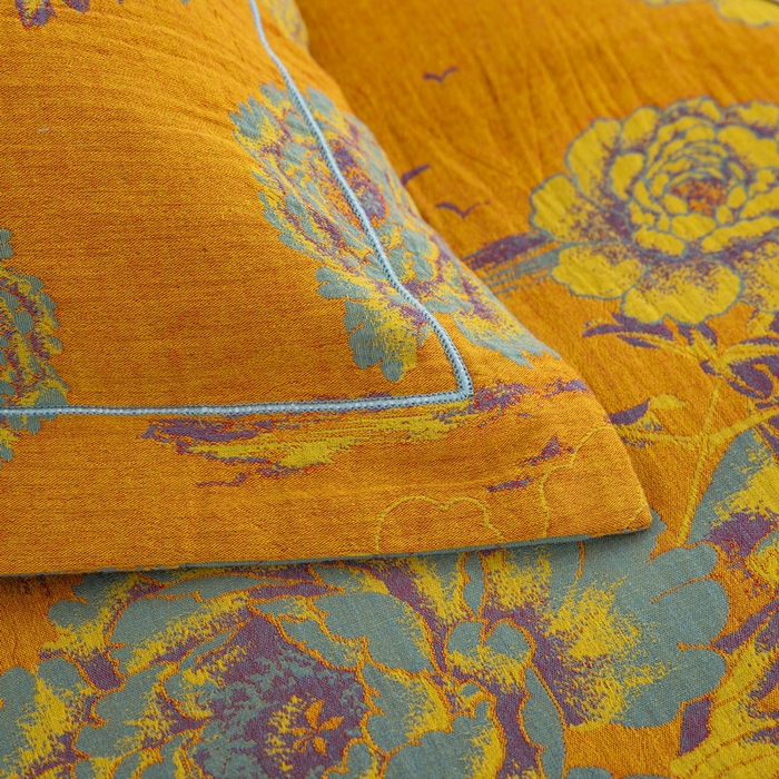 91家纺网 家纺一手货源 找家纺 鲁爱 2025新款大版色织提花全棉双层纱四件套 游园清梦-黄