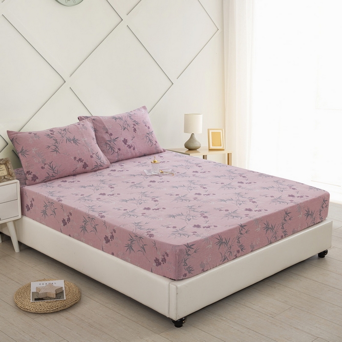 91家纺网 家纺一手货源 找家纺 鲁爱 2025新款色织提花全棉双层纱床笠（正反两用） 竹韵-粉灰（双面用床笠）