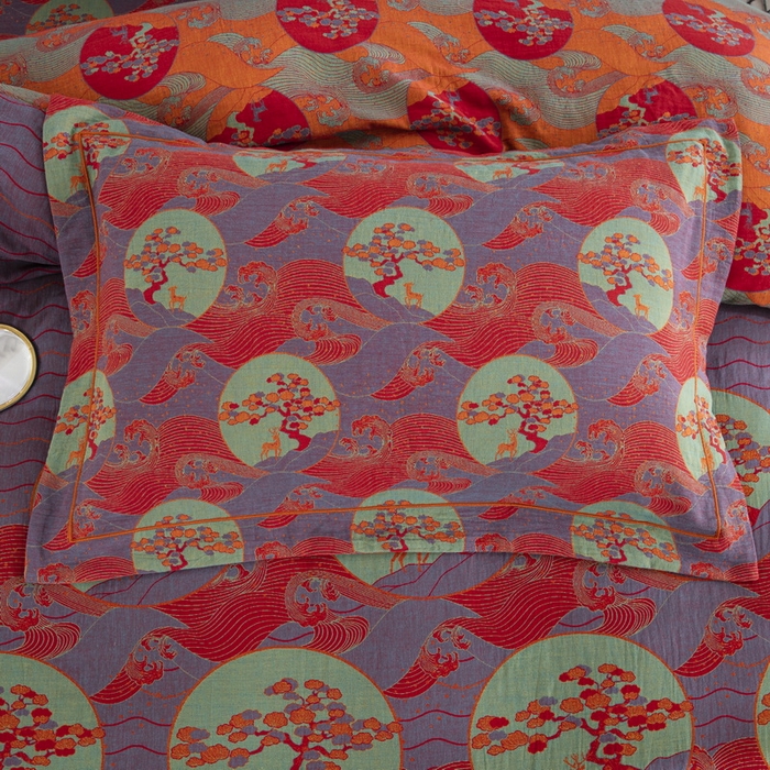 91家纺网 家纺一手货源 找家纺 鲁爱 2025新款大版色织提花全棉双层纱四件套 海上明月-紫罗兰