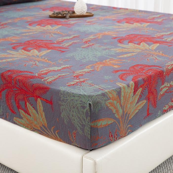 91家纺网 家纺一手货源 找家纺 鲁爱 2025新款色织提花全棉双层纱床笠（正反两用） 奇幻丛林-紫罗兰（双面用床笠）