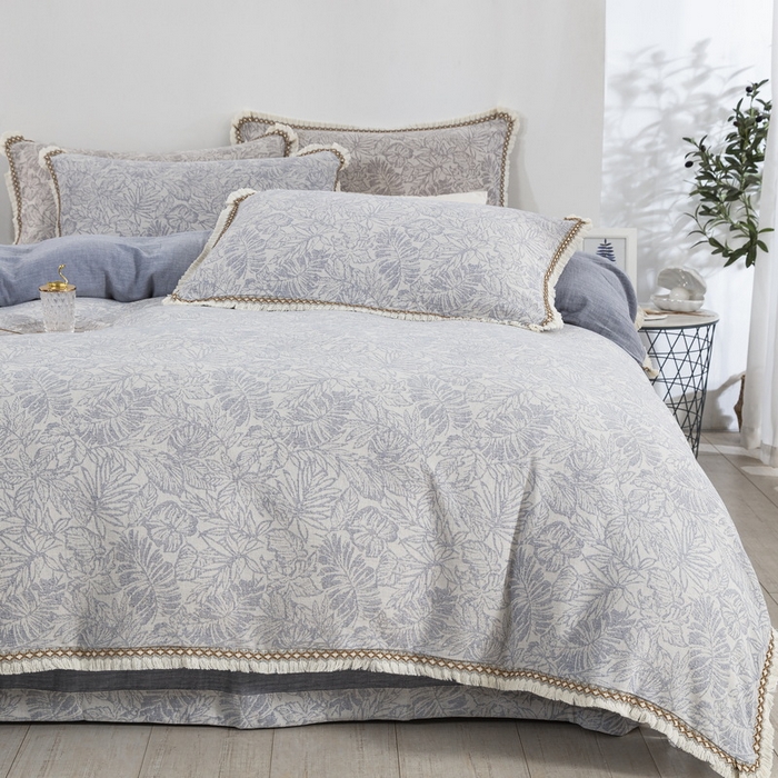 91家纺网 家纺一手货源 找家纺 鲁爱 2025新款全棉三层纱流苏款四件套 知心-蓝