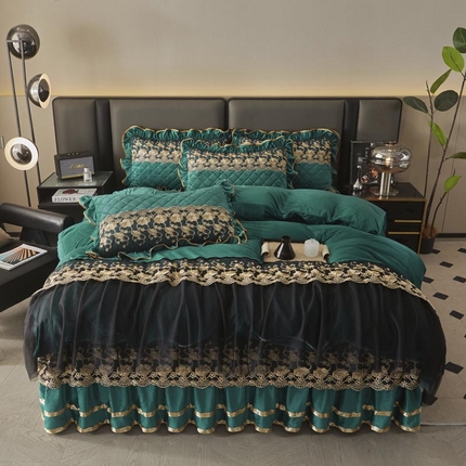 91家纺网 家纺一手货源 找家纺 （总）恋尚 2024新款水晶绒保暖夹棉蕾丝花边床裙四件套--鎏金岁月