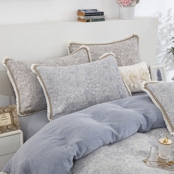 91家纺网 家纺一手货源 找家纺 鲁爱 2025新款全棉三层纱流苏款四件套 知心-蓝