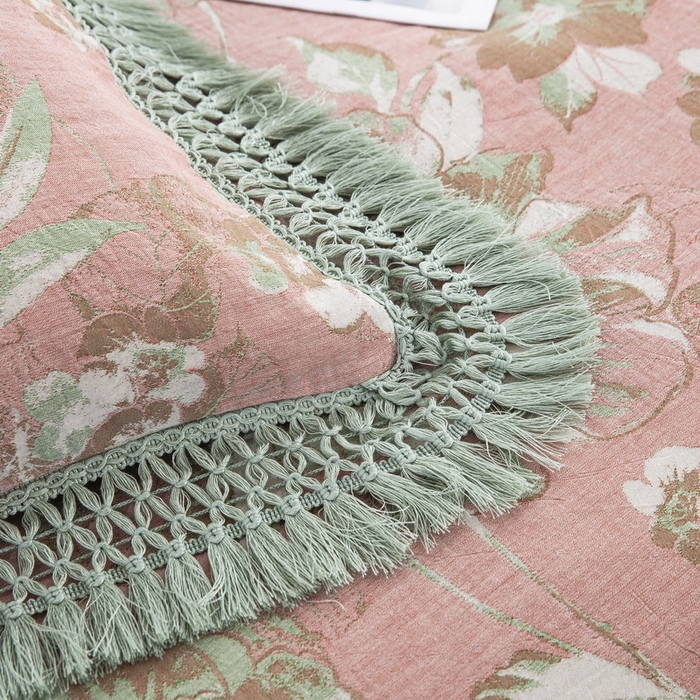 91家纺网 家纺一手货源 找家纺 鲁爱 2025新款全棉双层纱流苏花边四件套 寻芳-粉