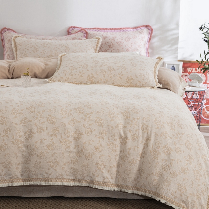 91家纺网 家纺一手货源 找家纺 鲁爱 2025新款全棉三层纱流苏款四件套 唯爱-浅咖