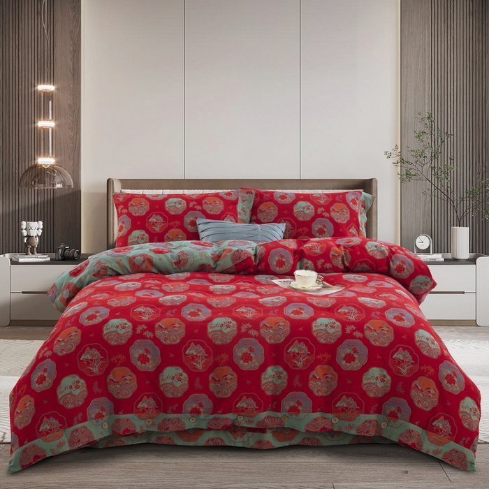 91家纺网 家纺一手货源 找家纺 鲁爱 2025新款全棉色织双层纱纽扣款四件套 镜花水月-红