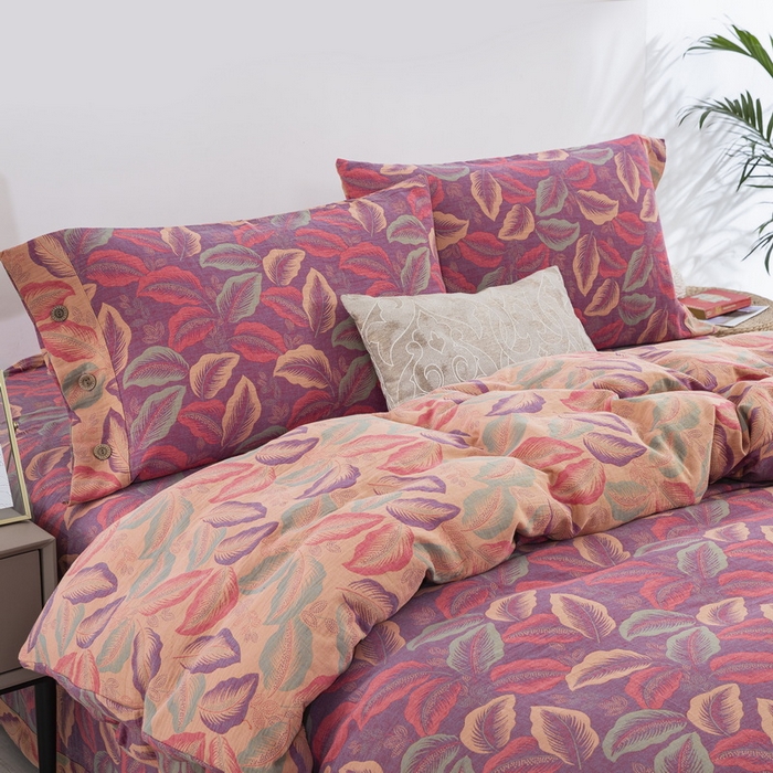 91家纺网 家纺一手货源 找家纺 鲁爱 2024新款全棉色织双层纱纽扣款四件套 叶语柔情-紫罗兰