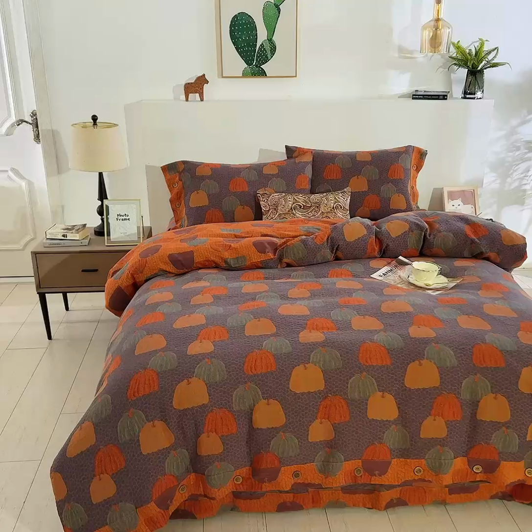 91家纺网 家纺一手货源 找家纺 鲁爱 2025新款全棉色织双层纱纽扣款四件套 南瓜-兰