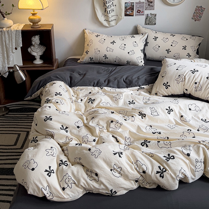 91家纺网 家纺一手货源 找家纺 梦卓家纺 2025新款亲肤超柔印花水洗棉四件套 奔跑小兔