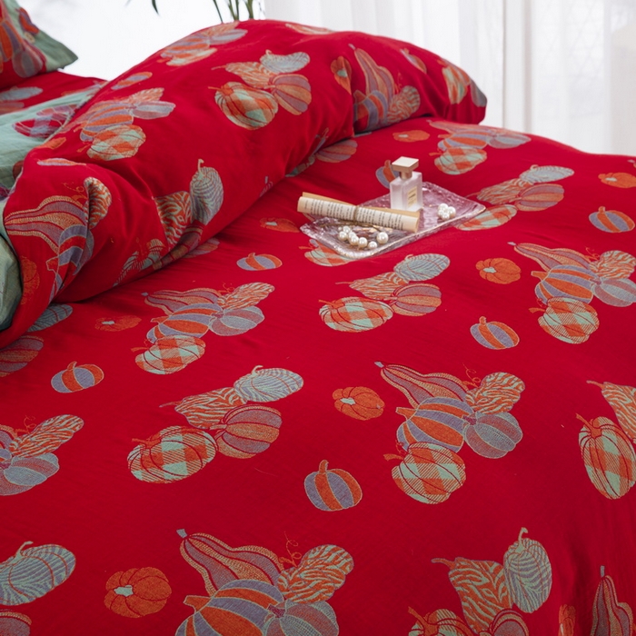 91家纺网 家纺一手货源 找家纺 鲁爱 2025新款全棉色织双层纱纽扣款四件套 子孙满堂-红