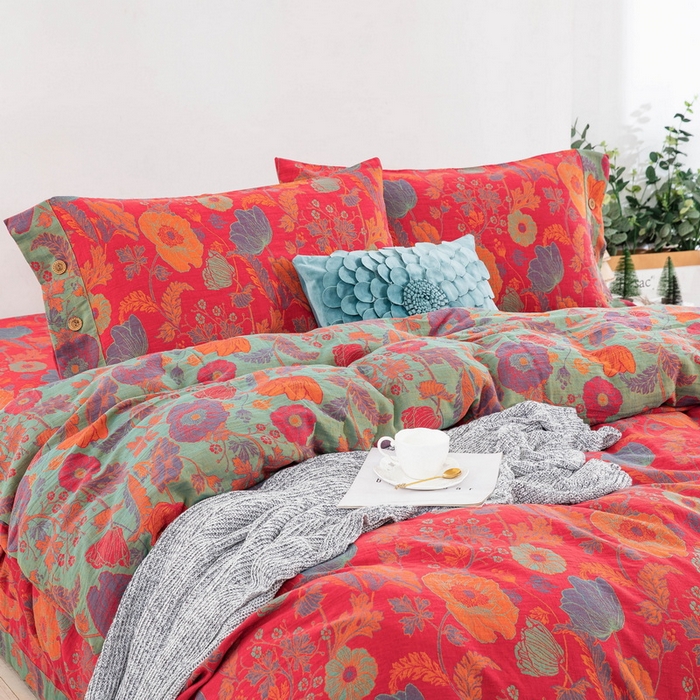 91家纺网 家纺一手货源 找家纺 鲁爱 2025新款全棉色织双层纱纽扣款四件套 虞美人-红