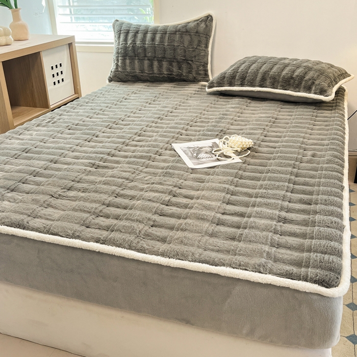 91家纺网 家纺一手货源 找家纺 琪格格纺织 2024新款加厚320克兔毛绒全包床笠 兔毛绒床笠-极光灰