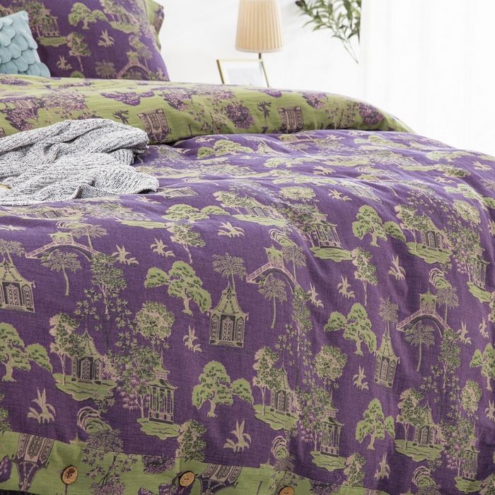 91家纺网 家纺一手货源 找家纺 鲁爱 2025新款全棉色织双层纱纽扣款四件套 蓝调-紫