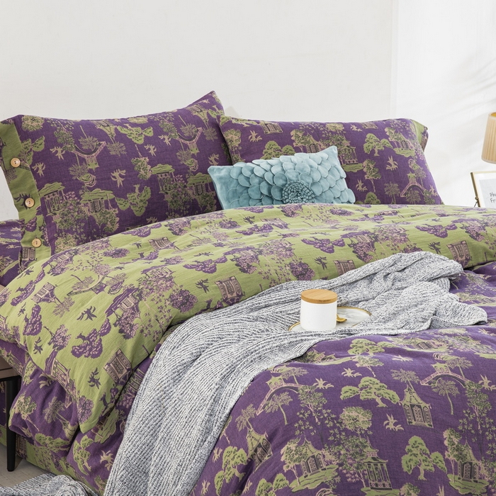 91家纺网 家纺一手货源 找家纺 鲁爱 2025新款全棉色织双层纱纽扣款四件套 蓝调-紫