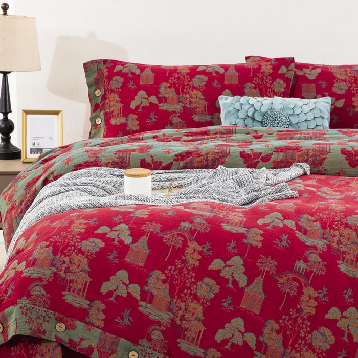 91家纺网 家纺一手货源 找家纺 鲁爱 2025新款全棉色织双层纱纽扣款四件套 蓝调-红