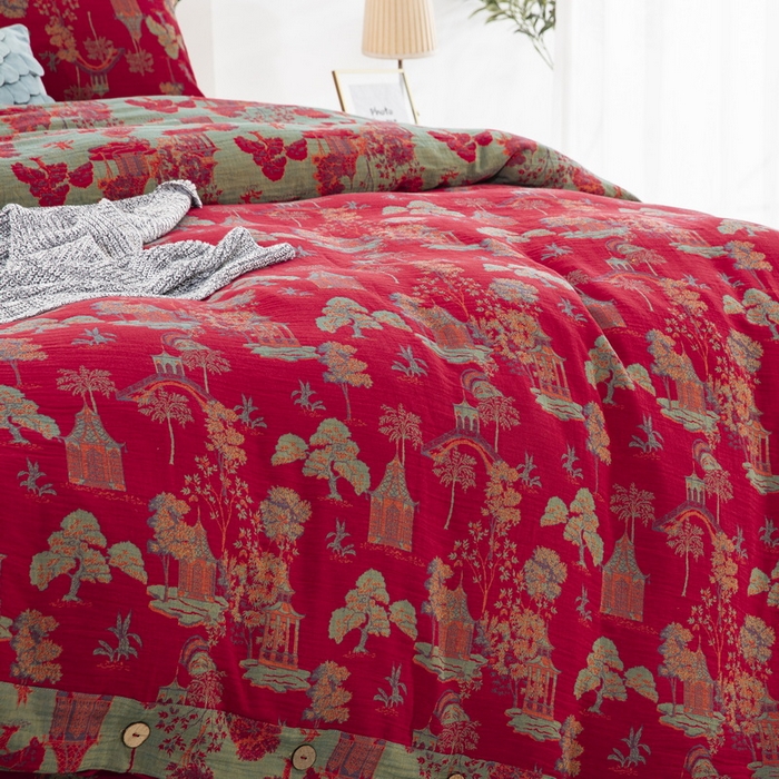 91家纺网 家纺一手货源 找家纺 鲁爱 2025新款全棉色织双层纱纽扣款四件套 蓝调-红