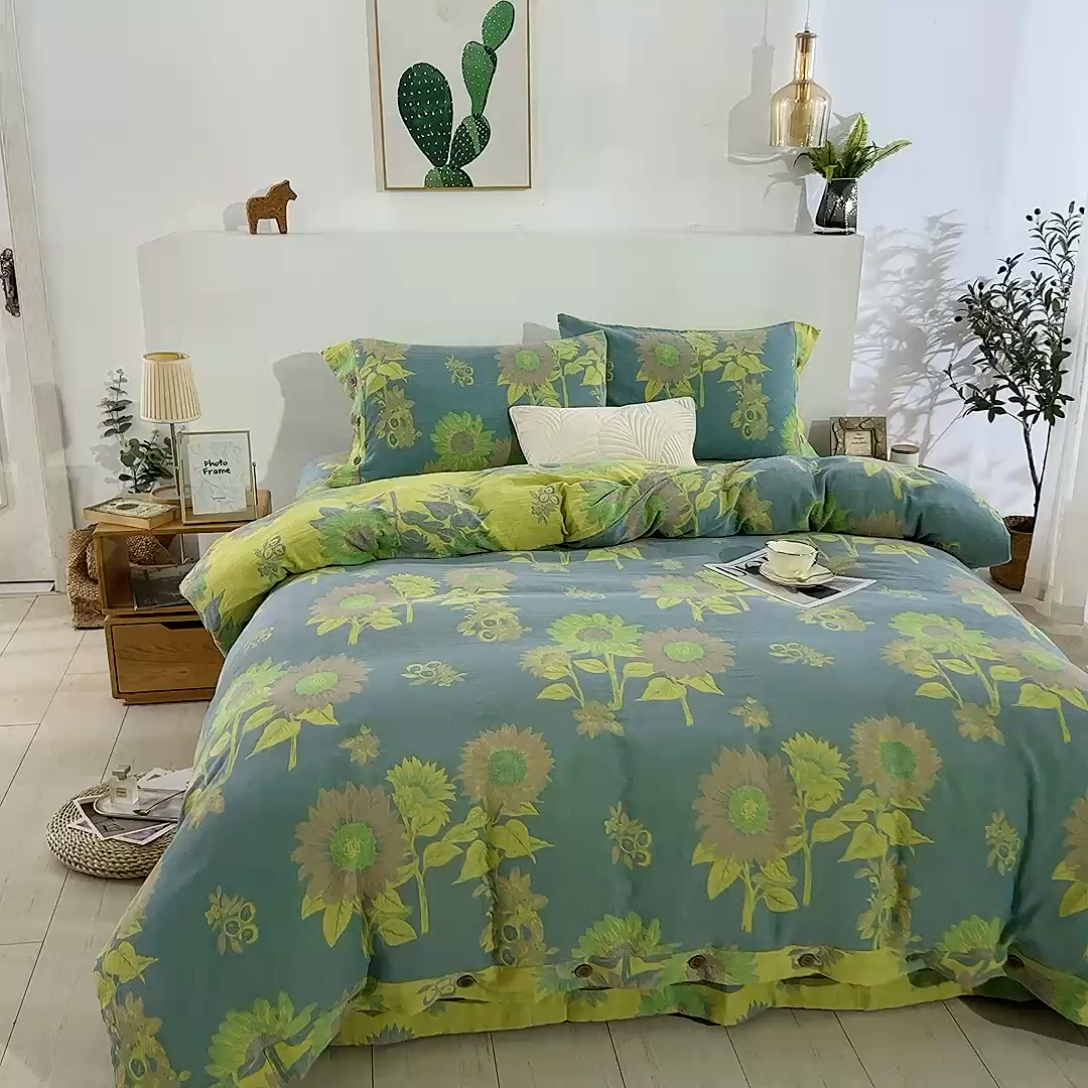 91家纺网 家纺一手货源 找家纺 鲁爱 2025新款全棉色织双层纱纽扣款四件套 一举夺魁-灰黄