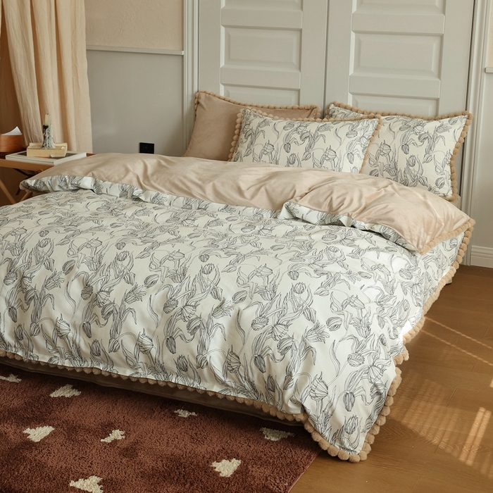 91家纺网 家纺一手货源 找家纺 棉眠 2024新款棉加绒毛球款四件套第二批 鸢尾（棉加绒）