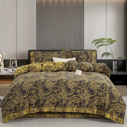 鲁爱 2025新款全棉色织双层纱纽扣款四件套 莲年有鱼-黑金