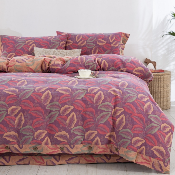 91家纺网 家纺一手货源 找家纺 鲁爱 2024新款全棉色织双层纱纽扣款四件套 叶语柔情-紫罗兰