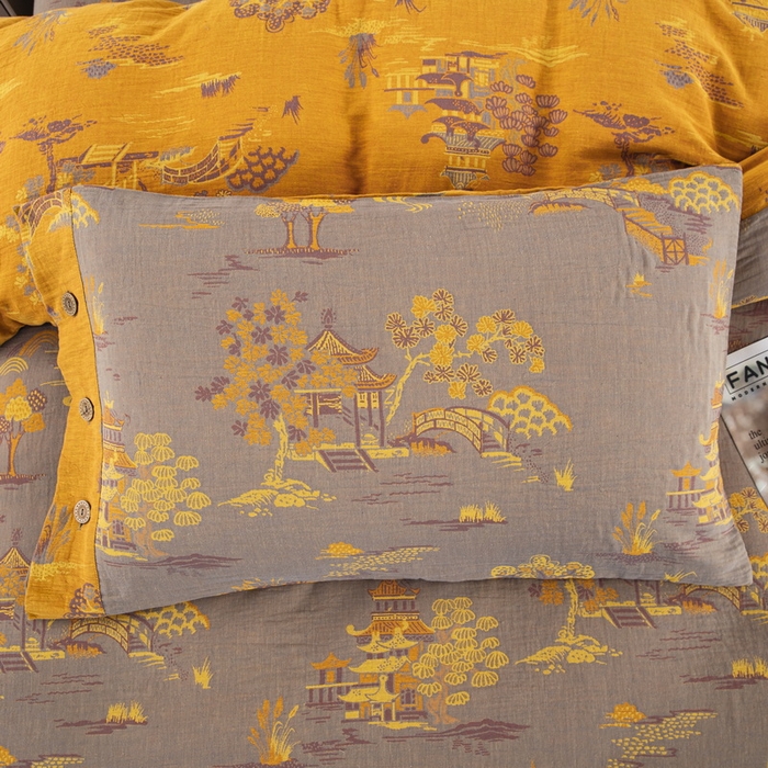 91家纺网 家纺一手货源 找家纺 鲁爱 2025新款全棉色织双层纱纽扣款四件套 逸彩之林-灰