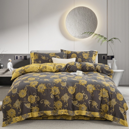 鲁爱 2025新款全棉色织双层纱纽扣款四件套 一路生花-黑金