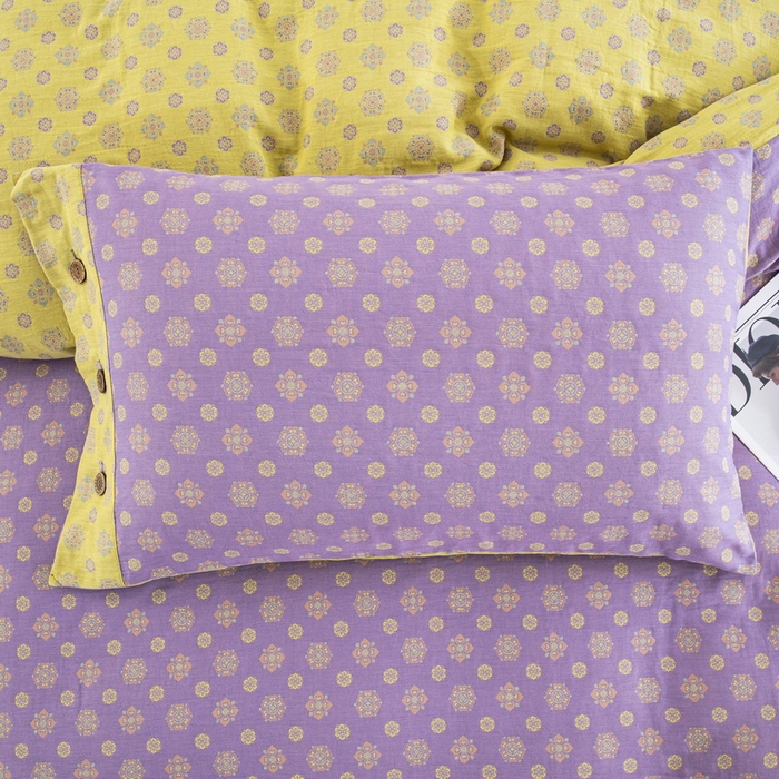 91家纺网 家纺一手货源 找家纺 鲁爱 2025新款全棉色织双层纱纽扣款四件套 幸福星-浅紫