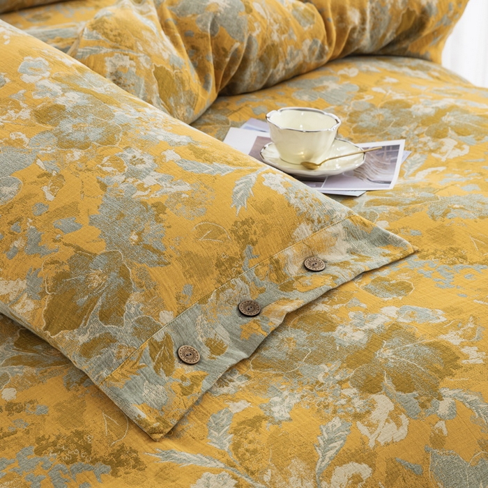 91家纺网 家纺一手货源 找家纺 鲁爱 2025新款全棉色织双层纱纽扣款四件套 流光溢彩-黄