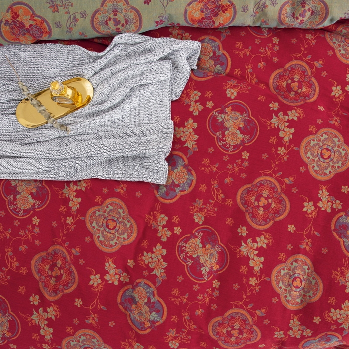 91家纺网 家纺一手货源 找家纺 鲁爱 2025新款全棉色织双层纱纽扣款四件套 金玉满堂-红