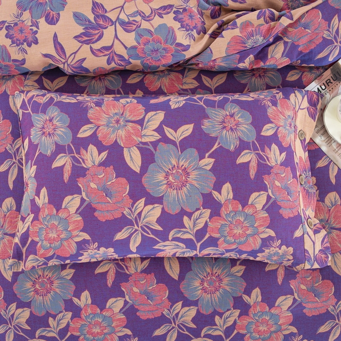 91家纺网 家纺一手货源 找家纺 鲁爱 2025新款全棉色织双层纱纽扣款四件套 花开时节-紫