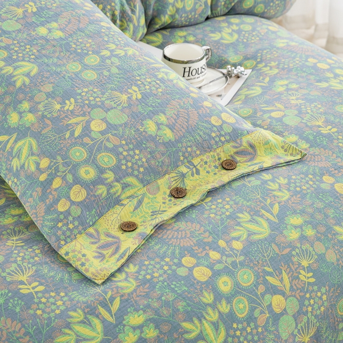 91家纺网 家纺一手货源 找家纺 鲁爱 2025新款全棉色织双层纱纽扣款四件套 普罗旺斯-灰黄