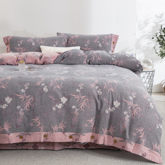 91家纺网 家纺一手货源 找家纺 鲁爱 2025新款全棉色织双层纱纽扣款四件套 竹韵-粉灰