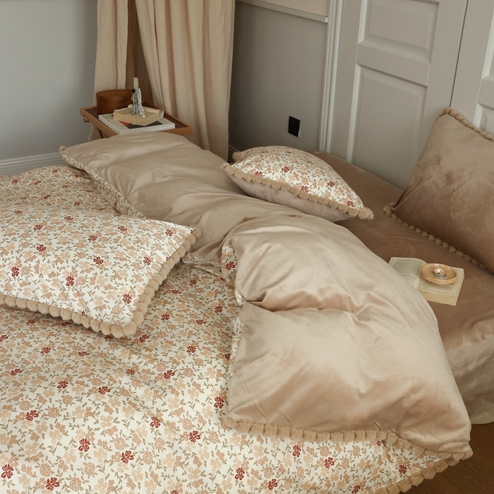 91家纺网 家纺一手货源 找家纺 棉眠 2024新款棉加绒毛球款四件套第二批 红茶（棉加绒）