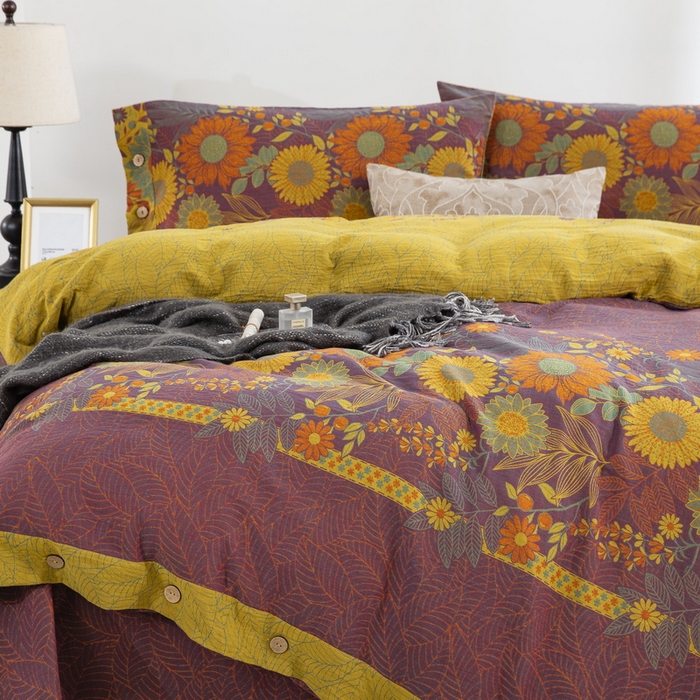 91家纺网 家纺一手货源 找家纺 鲁爱 2025新款全棉色织双层纱纽扣款四件套 花开半夏-紫罗兰